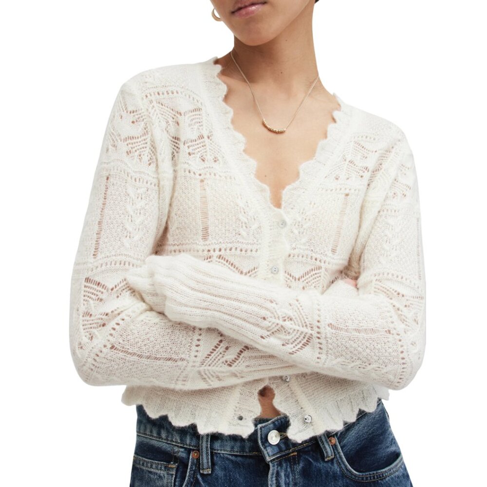NWT AllSaints Women Lace Knit Cardigan Chalk White Button Front – Size L